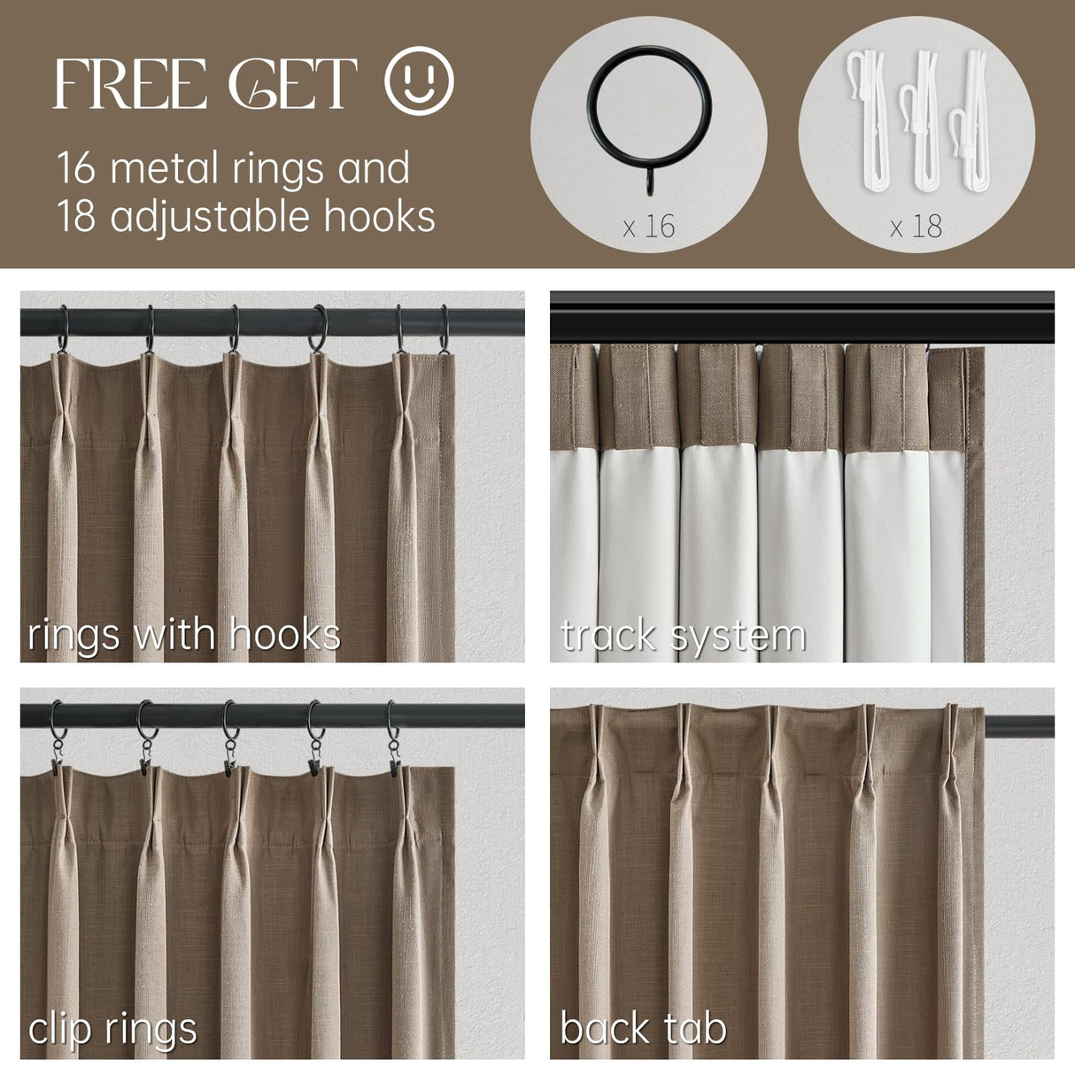 Topfinel Extra Long Total Blackout Linen Curtains 120 Inches Long for Living Room Large Window with Hooks Rings, Pinch Pleated Cold Blocking Acoustic Heavy Taupe Track Curtains 2 Panels 10 FT Topfinel