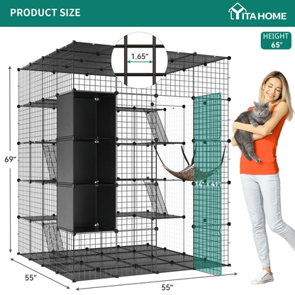 YITAHOME Cat Cage Indoor Large with Storage Cube DIY Outdoor Cat Enclosures Metal Cat Playpen with Hammock Platforms for 1-4 Cats 5 Tiers Cat Kennel Catio