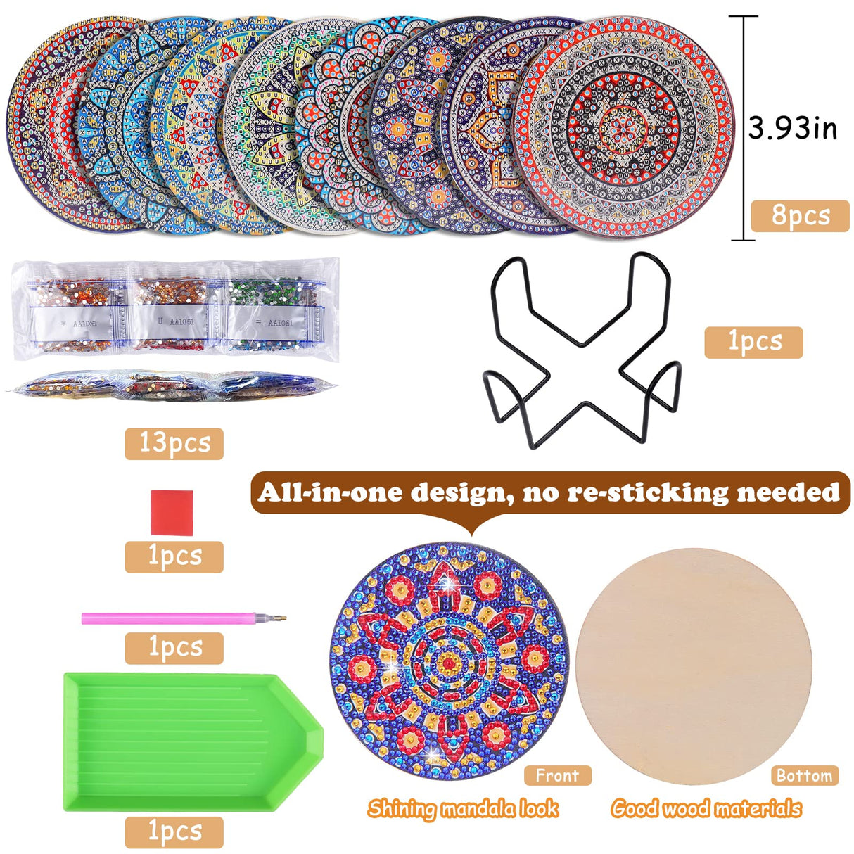 BSRESIN 8 Pcs Coasters with Holder, Mandala DIY Diamond Art Crafts for Adults, Small Diamond Painting Kits Accessories BSRESIN