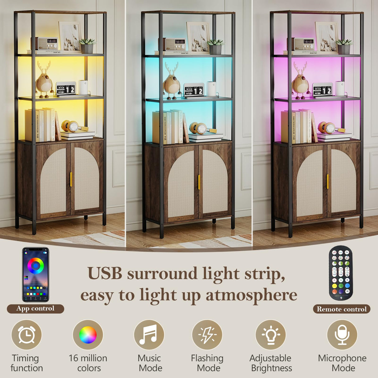 Turosur Bookshelf with Rattan Doors & LED Lights, 71" Tall Bookcase with Storage & Adjustable Shelf, Boho Display Standing Shelf Unit for Bedroom, Living Room and Home Office Turosur