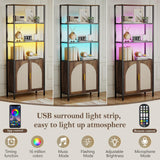 Turosur Bookshelf with Rattan Doors & LED Lights, 71" Tall Bookcase with Storage & Adjustable Shelf, Boho Display Standing Shelf Unit for Bedroom, Living Room and Home Office Turosur