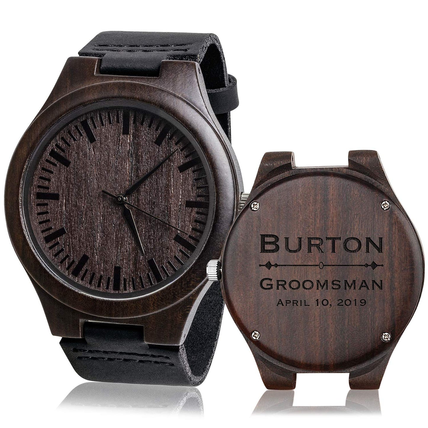 KOSTING Set Groomsmen Gift - Groomsman Gifts for Wedding, Wedding Favor Customized Wood Watch w Gift Box - Engraved Black Leather Strap Wooden Watch Custom Personalized Groomsmen Gifts for Me - WoodArtSupply