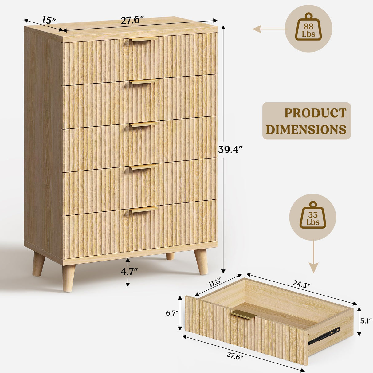 Lulive Dresser for Bedroom Wood Tall Dressers Drawers, Fluted Modern Dresser 5 Drawers Natural Lulive