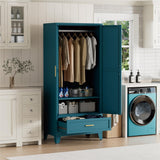 Blue Metal Wardrobe Cabinet for Bedroom, 71" Tall Freestanding Closet System with Drawer and Shelf, Hanging Rod Clothing Organizer with Two Doors, Farmhouse Steel Wardrobe Bedroom Armoires Bevivog