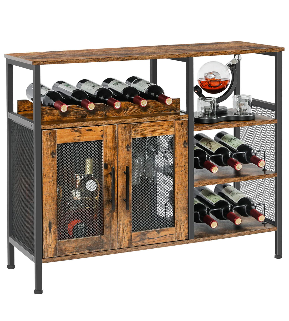 X-cosrack Wine Bar Rack Cabinet with Detachable Wine Rack, Coffee Bar Cabinet with Glass Holder, Small Sideboard and Buffet Cabinet with Mesh Door, Rustic Brown, Large X-cosrack