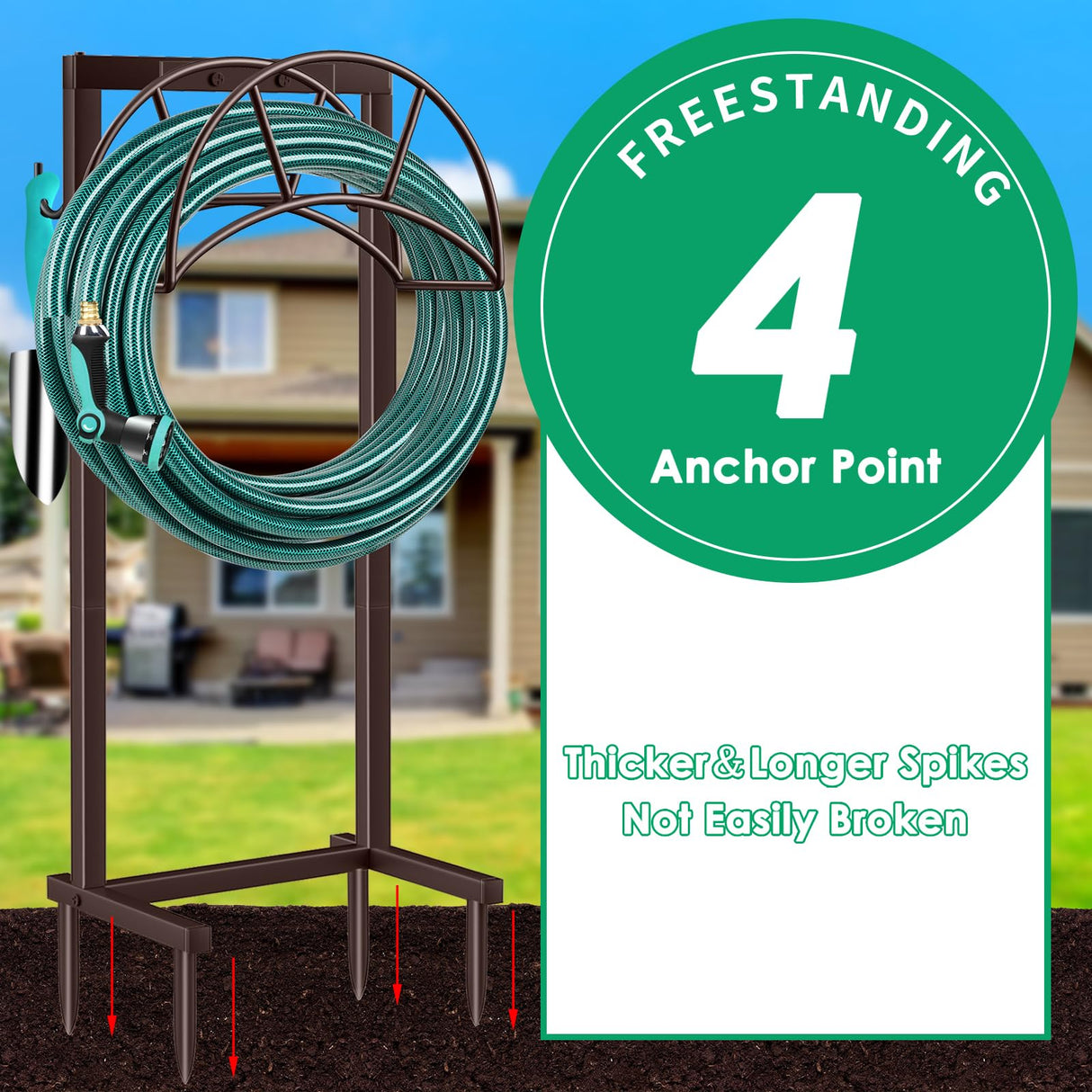 TomCare Garden Hose Holder Upgraded 4 Spikes Water Hose Holder with 2 Tool Hooks Sturdy Hose Reel Holds 150ft Hose Freestanding Hose Stand Hose Hanger Hose Storage for Outside Yard Lawn, Bronze TomCare