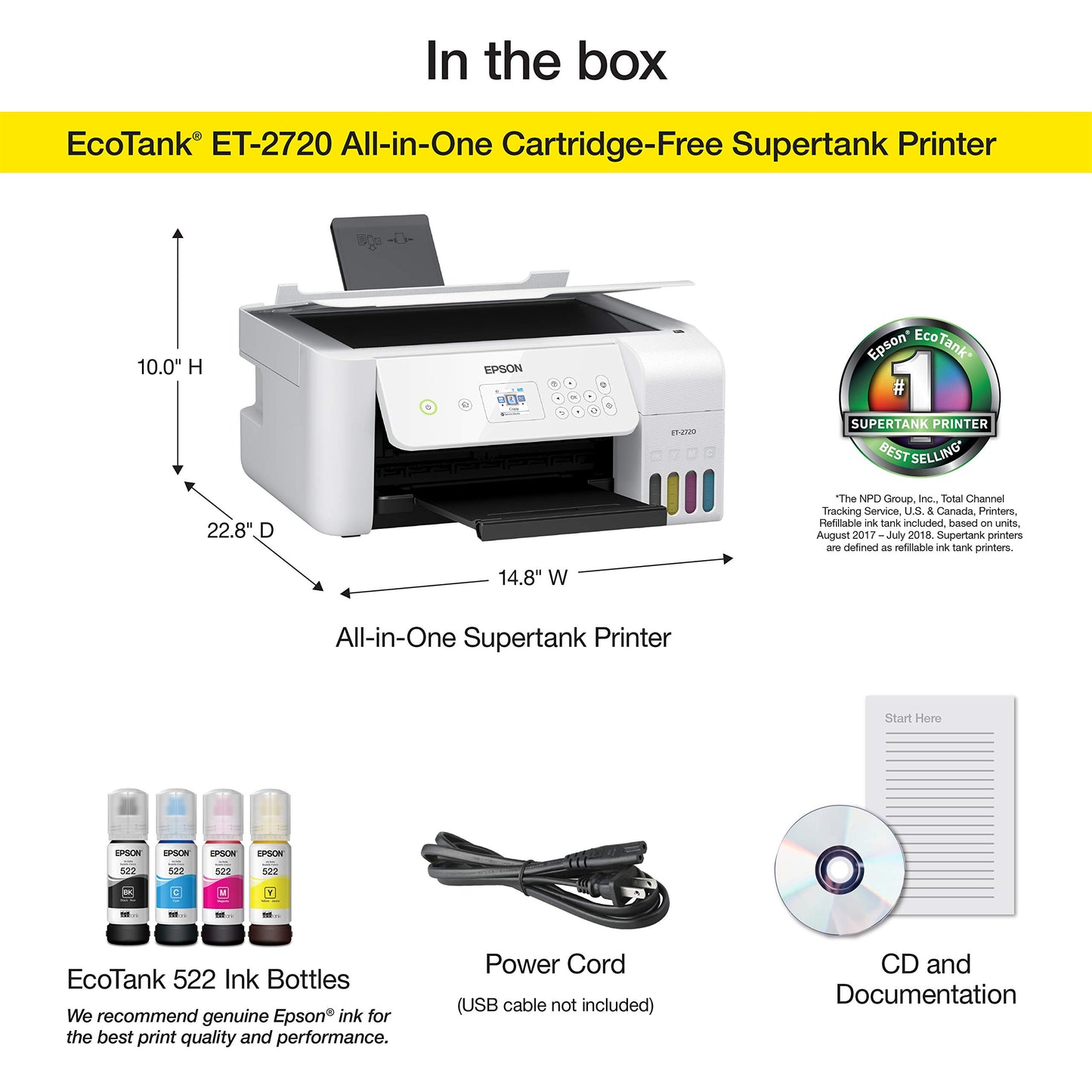 Epson EcoTank ET-2720 Wireless Color All-in-One Supertank Printer with Scanner and Copier - White