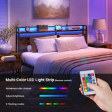 Rustic Brown ELYKEN King Size Headboard with Power Outlet & LED Strip Lighting ELYKEN