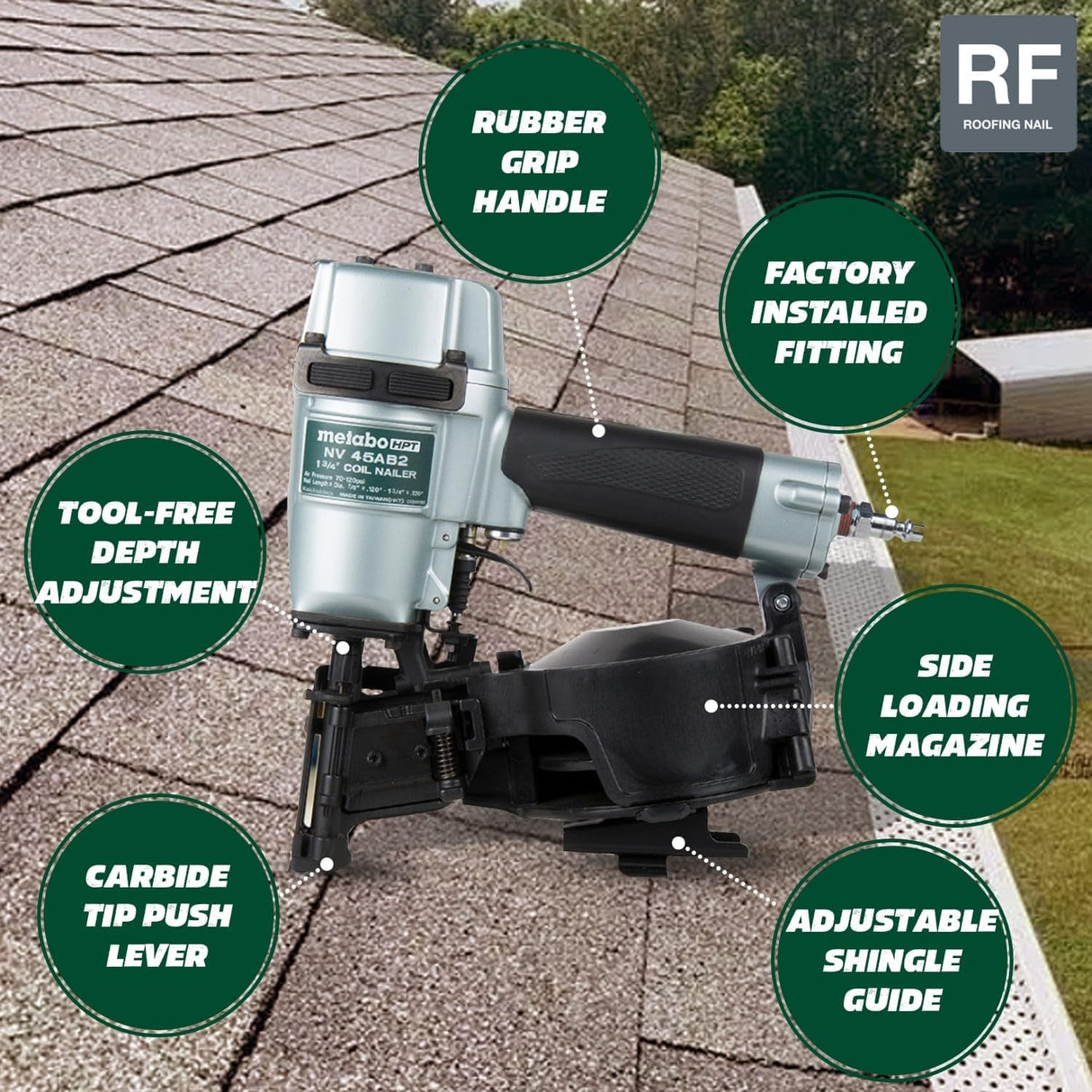 Metabo HPT Roofing Nailer, Pro-preferred Pneumatic Power Nailers in Roofing tools, Pneumatic Roofing Nailer for Asphalt Roofing Shingles, Nailer 16 Degree 7/8″ to 1-3/4″ Roofing Nails, NV45AB2 Metabo HPT