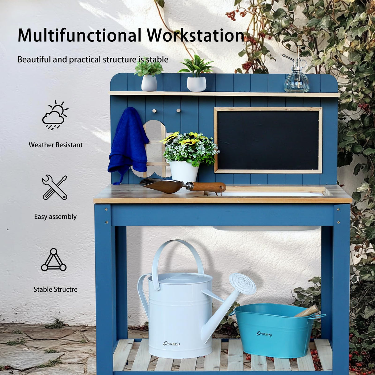 GROWRKS Potting Bench Outdoor Potting Table—All-Weather Kids Solid Wood Garden Work Station with Sink、Drawing Board、Shelves, Weather Proof（Blue, Large） GROWRKS