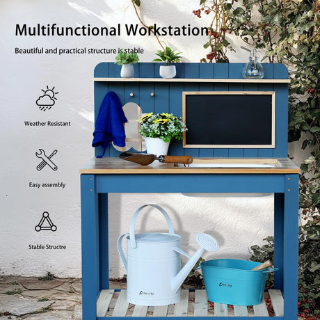 GROWRKS Potting Bench Outdoor Potting Table—All-Weather Kids Solid Wood Garden Work Station with Sink、Drawing Board、Shelves, Weather Proof（Blue, Large） GROWRKS