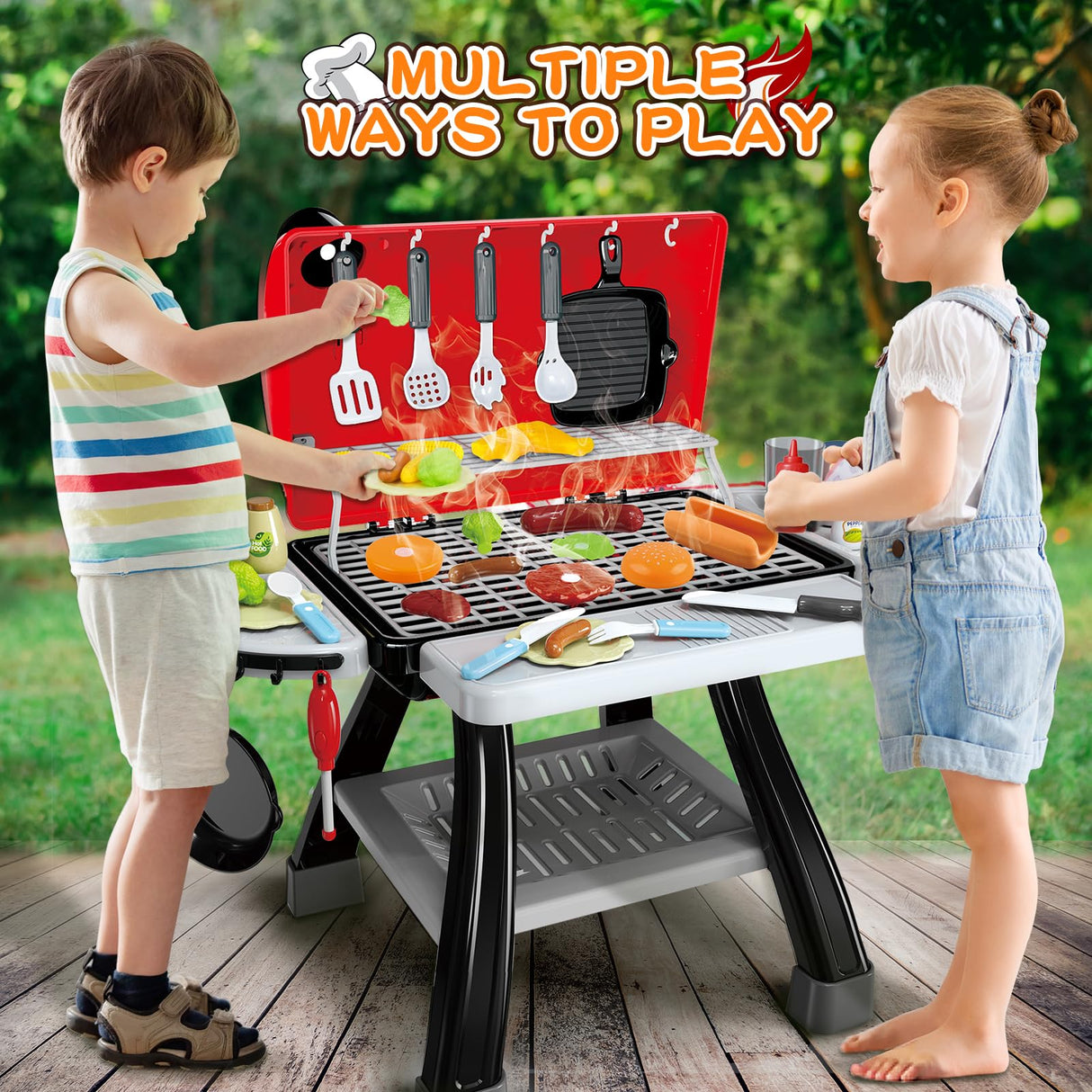 Bstoyder Kids Play Kitchen Toys, Kids BBQ Grill Kitchen Playset with Smoke, Sound & Light, Pretend Play Food Toys Cooking Set, 2-Layer Barbecue Outdoor Play Grill Toy Gift for Toddler Boys Girls 3-5 Bstoyder