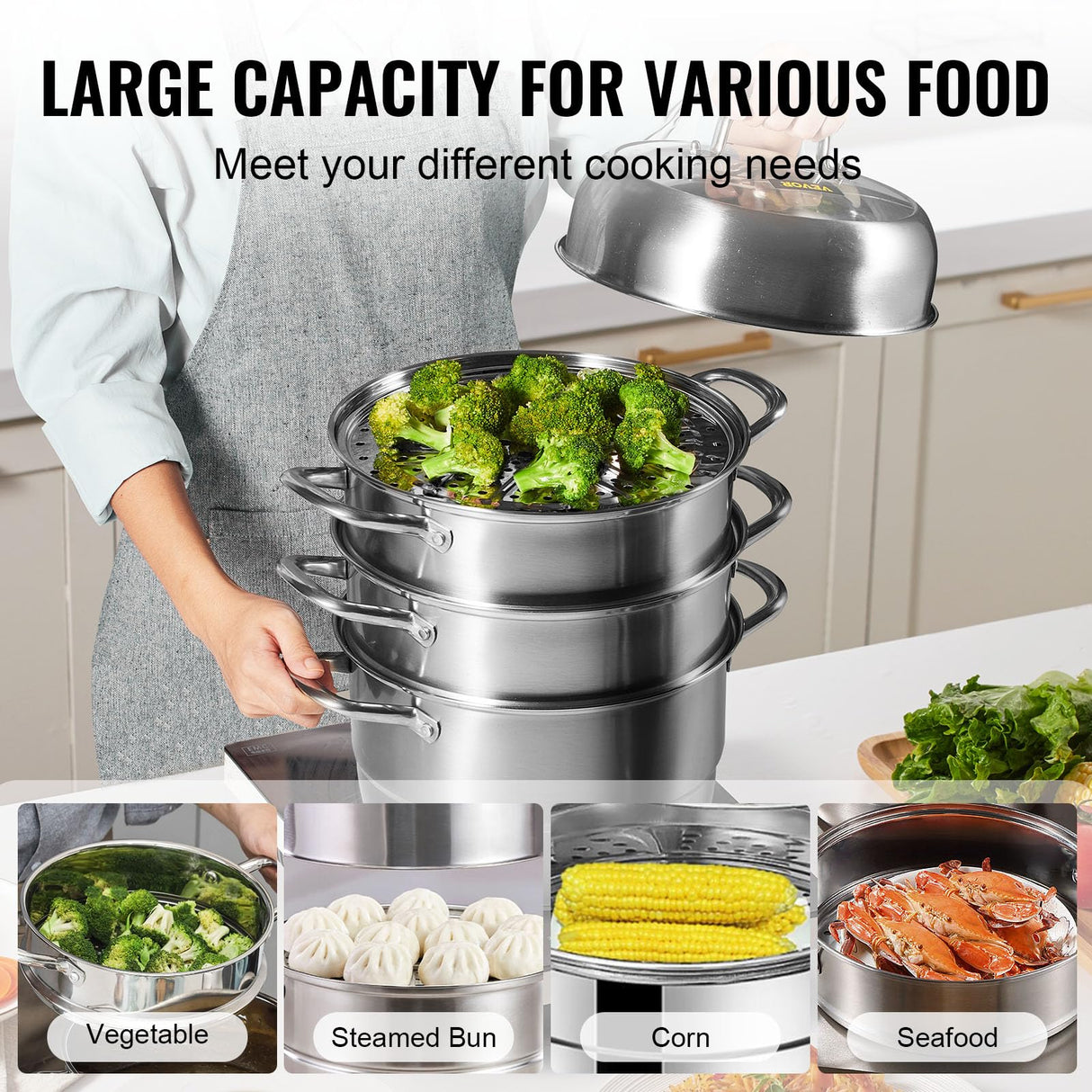 VEVOR Steamer Pot 11.8in/30cm, 5 Tier Steamer Pot for Cooking with 10QT Stock Pot, 3 Vegetable Steamers & 2 Steaming Trays, Food-Grade 304 Stainless Steel Food Steamer Cookware for Gas Electric Stove VEVOR