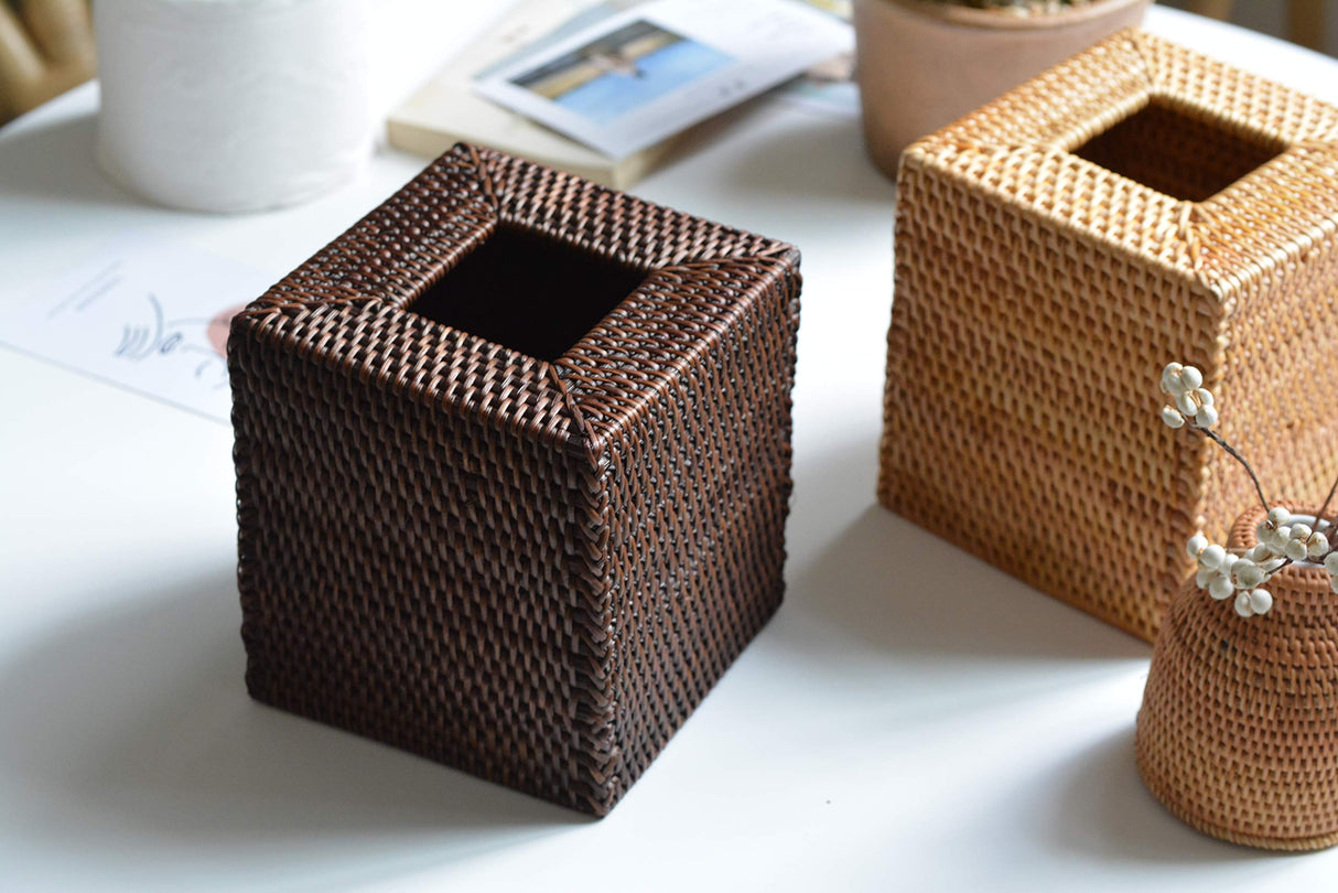 Rattan Tissue Box Cover Square, Hand Woven Wicker Tissue Holder, 5.5 x 5.5 X 5.7 inch, Natural YANGQIHOME