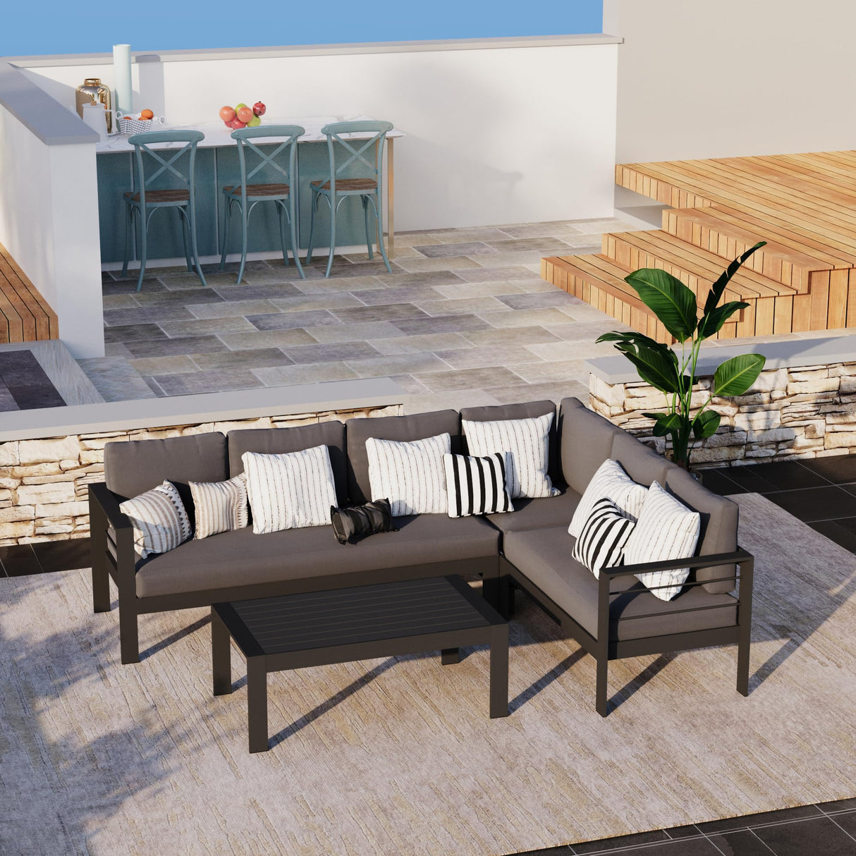 Solaste Aluminum Patio Furniture Set, Metal Patio Sectional Sofa with Imitation Wood Tabletop Coffee Table, Modern Outdoor Furniture Couch with Water-Resistant Cushion for Balcony Backyard, Grey Solaste