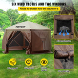 VEVOR 12 * 12ft 6 Sided Pop-up Canopy Shelter Tent with Mesh Windows, Portable Carry Bag, Stakes, Large Shade Tents for Outdoor Camping, Lawn and Backyard, Brown/Beige VEVOR