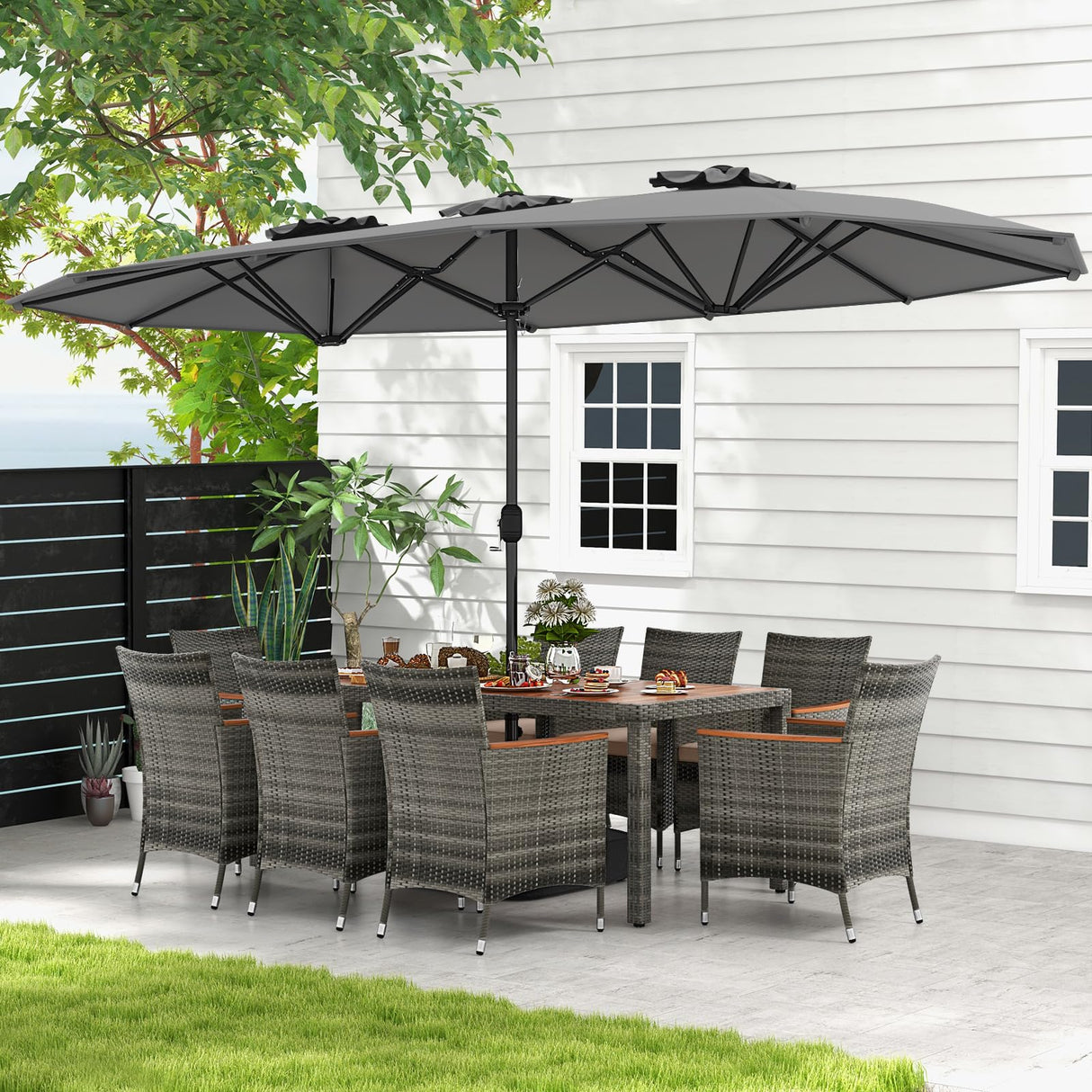 Tangkula 10 Pieces Patio Wicker Dining Set w/Double-Sided Patio Umbrella, Outdoor Acacia Wood Furniture Set w/ 8 Armchairs, 71” Dining Table & 15 ft Umbrella with Weighted Base (Gray) Tangkula