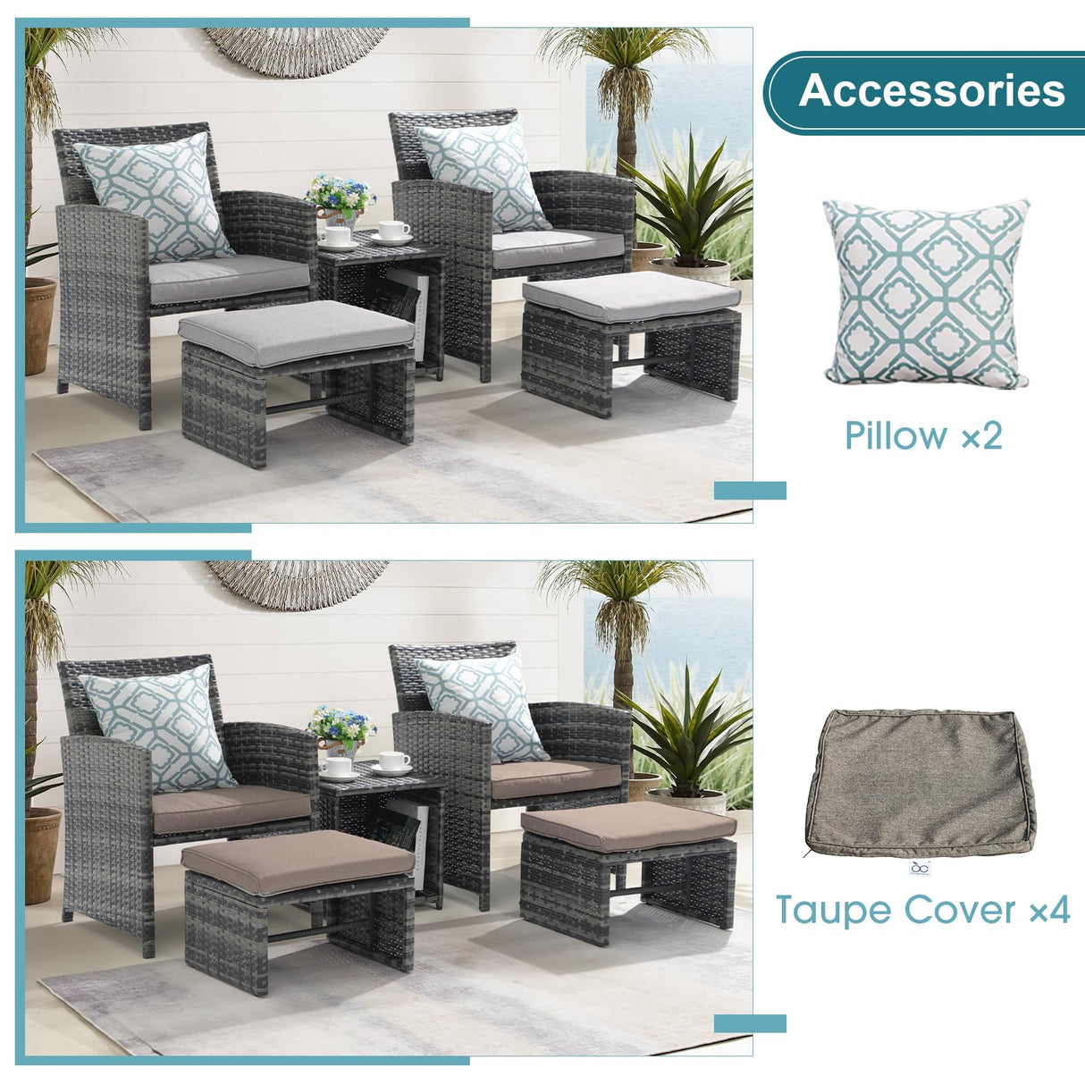 OC Orange-Casual 5 Piece Patio Furniture Set, Wicker Outdoor Conversation Chair and Ottoman Set with Coffee Table, Pillows Included, for Balcony, Porch, Deck, Light Grey OC Orange-Casual