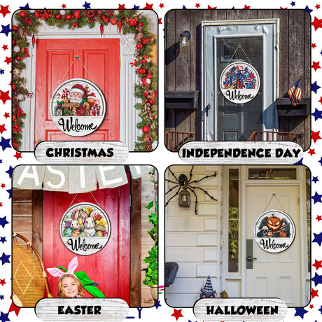 Yousoontic 17 Pcs 12 Inch Magnetic Welcome Door Sign for Interchangeable Front Door Decorations Fall Halloween Christmas Seasonal and Festive Door Signs for Home Round Wood Sign for Wall Farmhouse Yousoontic