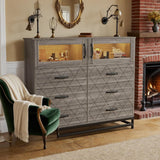 Grey Dresser for Bedroom with 6 Drawers 2-Door Storage Cabinet Dressers & Chest of Drawers with Charging Station and LED Lights, 8 Drawers Tall Dressers for Bedroom,Living Room,Hallway,Closet Takywep