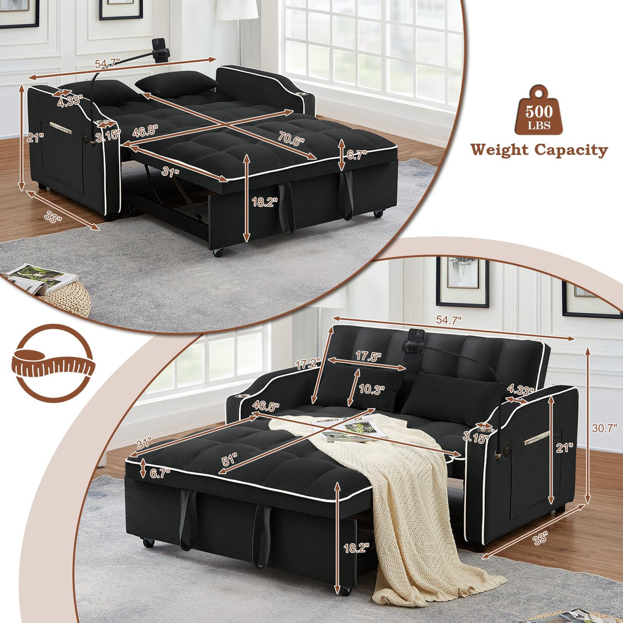 Pull Out Sofa Bed with Phone Holder, Convertible Velvet Loveseat Sleeper with 2 USB Charging Ports, Modern Futon Couch with Cup Holders and Adjustable Backrest, Small Love Seat for Living Room, Black KINFFICT