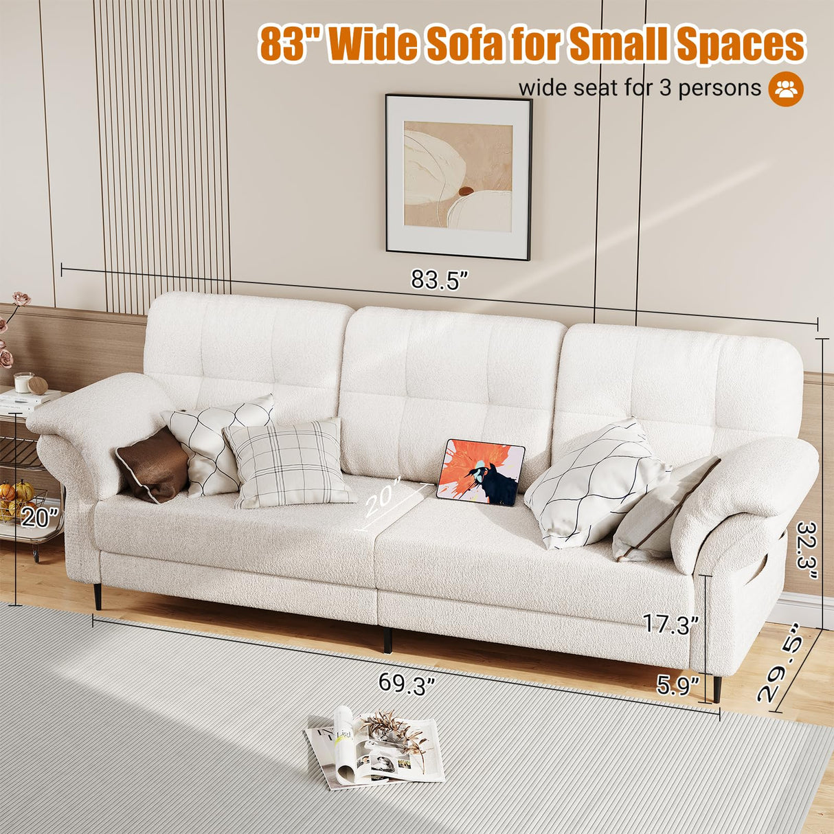 GarveeHome 83.5" Sofa for Living Room,Modern Sofa Couch- 3 Seater Sofa with Removable Pillows,Comfy Sofa Couch with Wide Seats,Teddy Fleece Sofa,Couch for Living Room Apartment Lounge,White GarveeHome