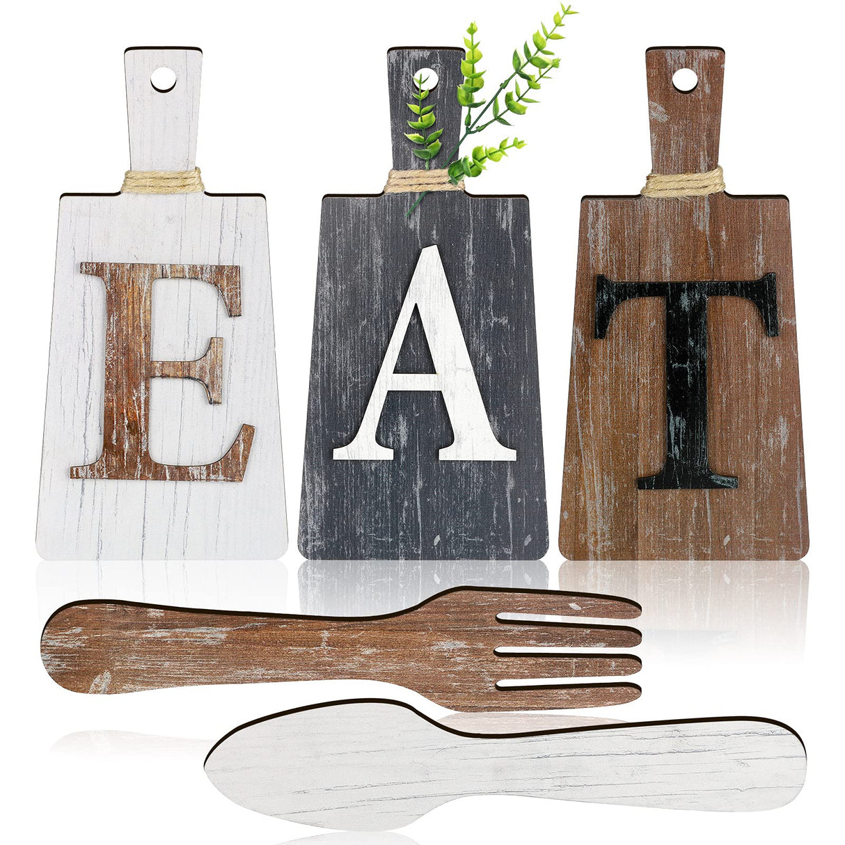 Jetec Cutting Board Eat Sign Set Hanging Art Kitchen Eat Sign Fork and Spoon Wall Decor Rustic Primitive Country Farmhouse Kitchen Decor for Kitchen and Home Decoration (Gray, White, Brown) Jetec