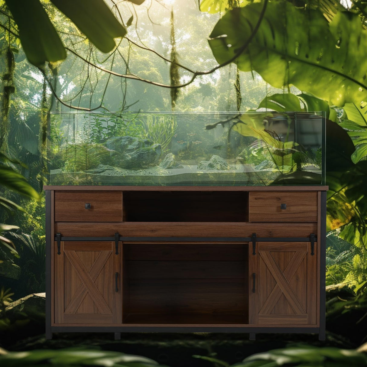 Fantico 75-120 Gallon Aquarium Stand with Power Outlets - Dual Aquarium Support, Cabinet Storage, Thick Hardwood Top, Versatile Socket with Adjustable Panels, 1200 lbs Capacity, Rustic Brown Fantico