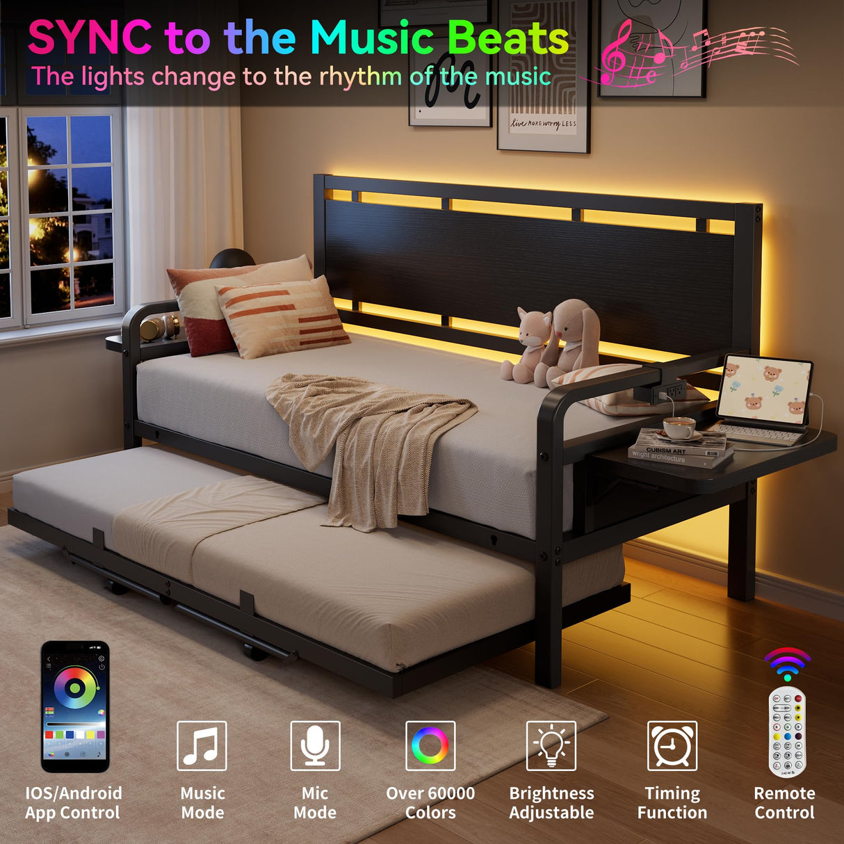 Jocoevol Daybed with Trundle and LED Light, Heavy Duty Metal Twin Bed Frame with Movable Charging Station, Day Bed Pop Up Trundle Bed Twin for Living Room, Bedroom and Guest Room, Black Jocoevol