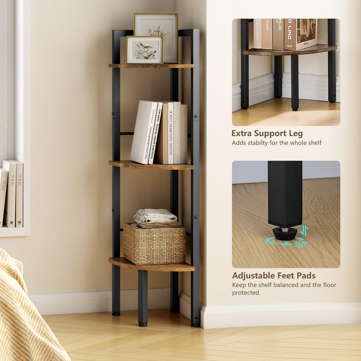 Tajsoon Small Corner Shelf Stand 3 Tier 39.6" Industrial Corner Display Shelf Shelving Unit, Corner Tables for Small Spaces, Bedroom, Living Room, Office, Kitchen, Rustic Brown Tajsoon