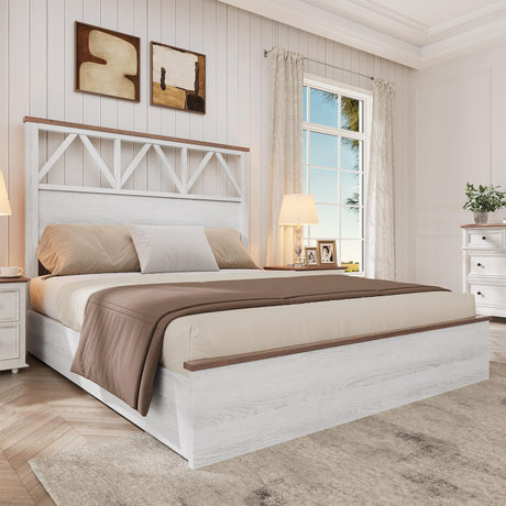 YITAHOME Farmhouse Full Size Bed Frame with 47.2'' Headboard, Platform Rustic Wood Bed Frame with Slats, Sturdy and Noiseless, No Spring Needed, White YITAHOME