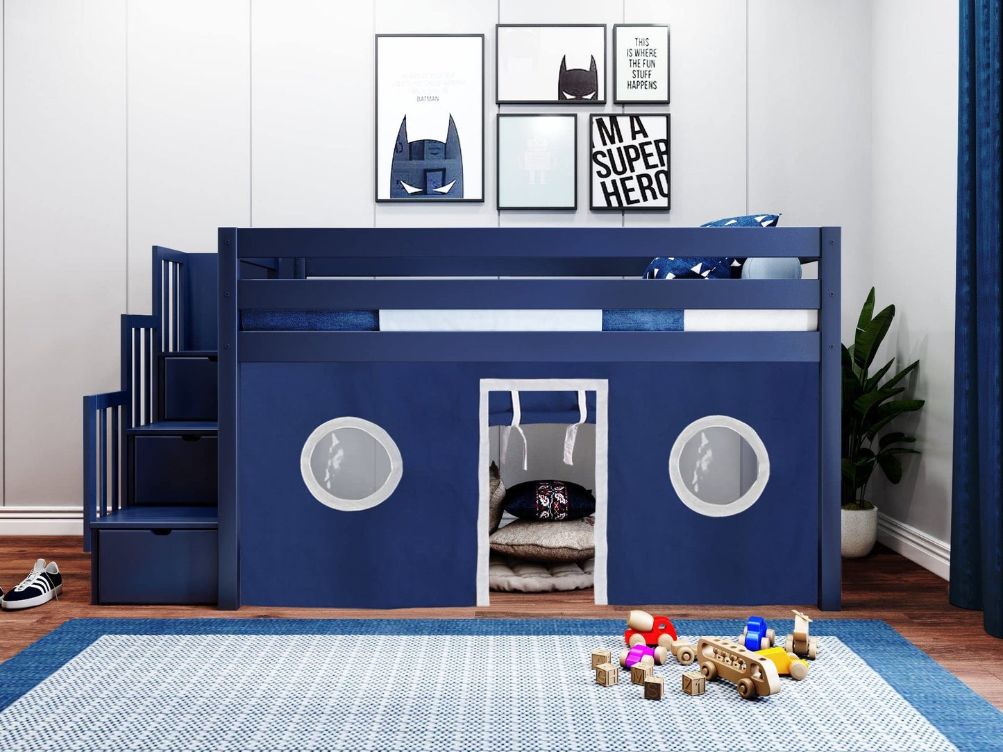 JACKPOT! Contemporary Low Loft Twin Bed with a 3 Drawer Stairway, Blue with Blue & White Tent