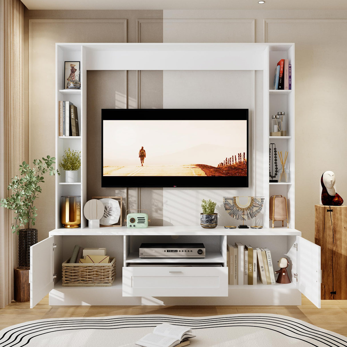 WOODTIME 70.9" W 3-in-1 Wall Unit Entertainment Center with Bookshelves, Modern TV Stand Media Console Table with 11 Shelves & Drawer for Living Room & Home Theater, White WOODTIME