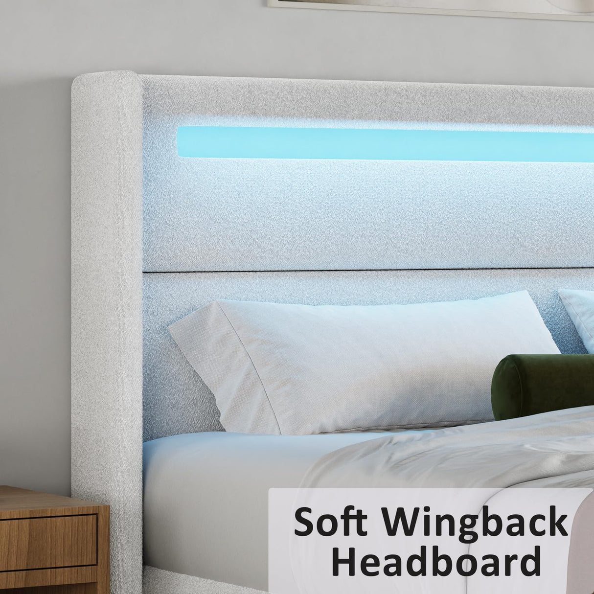 HOMBCK Twin Size Bed Frames with Headboard and LED Lights, Boucle Upholstered Platform Bed with Wingback Design, Modern Soft Bed Frame, No Box Spring Needed, Easy Assembly, White HOMBCK