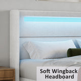 HOMBCK Twin Size Bed Frames with Headboard and LED Lights, Boucle Upholstered Platform Bed with Wingback Design, Modern Soft Bed Frame, No Box Spring Needed, Easy Assembly, White HOMBCK
