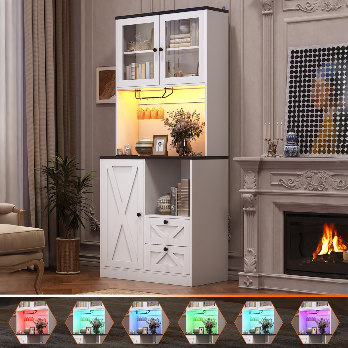 CBBPET 71" Tall Coffee Bar Cabinet with Storage Hutch, Farmhouse Kitchen Pantry Cabinet with LED Lights Microwave Stand and Glass Holder for Home Dining Room Kitchen,White CBBPET