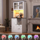 CBBPET 71" Tall Coffee Bar Cabinet with Storage Hutch, Farmhouse Kitchen Pantry Cabinet with LED Lights Microwave Stand and Glass Holder for Home Dining Room Kitchen,White CBBPET