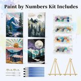 JOOZ 4 Pack Framed Paint by Numbers Kit for Adults, Mountain Sunset Paint by Number with Easel, DIY Moon Lake Adult Paint by Number Kits on Canvas, Landscape Oil Painting Kit for Home Decor 8x12 Inch JOOZ