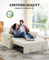 Marsail 3-in-1 Convertible Sofa Bed, 54" Sleeper Sofa with Solid Wood Side Table & Frame, Pull-Out Couch with USB Ports & Side Pockets, Loveseat Sofa with Adjustable Backrest, White Marsail