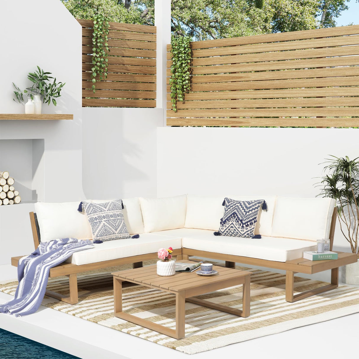 Soleil Jardin 4 Piece Acacia Wood Patio Furniture L-Shaped Outdoor Sectional Sofa Set with Coffee Table, FSC Certified Conversation Set with Built-in Side Table and Cream White Cushions for Garden Soleil Jardin