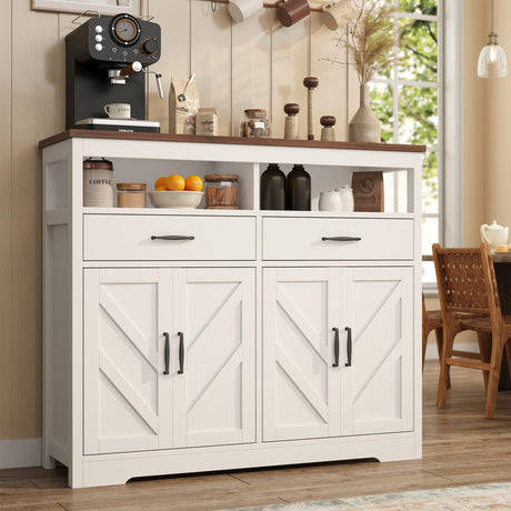 knoworld Buffet Sideboard with Storage Farmhouse with 4 Doors, 47'' Large Kitchen Storage Cabinet Wood Coffee Bar Cabinet Buffet Table with Shelves for Kitchen, Dining Room, Entryway knoworld
