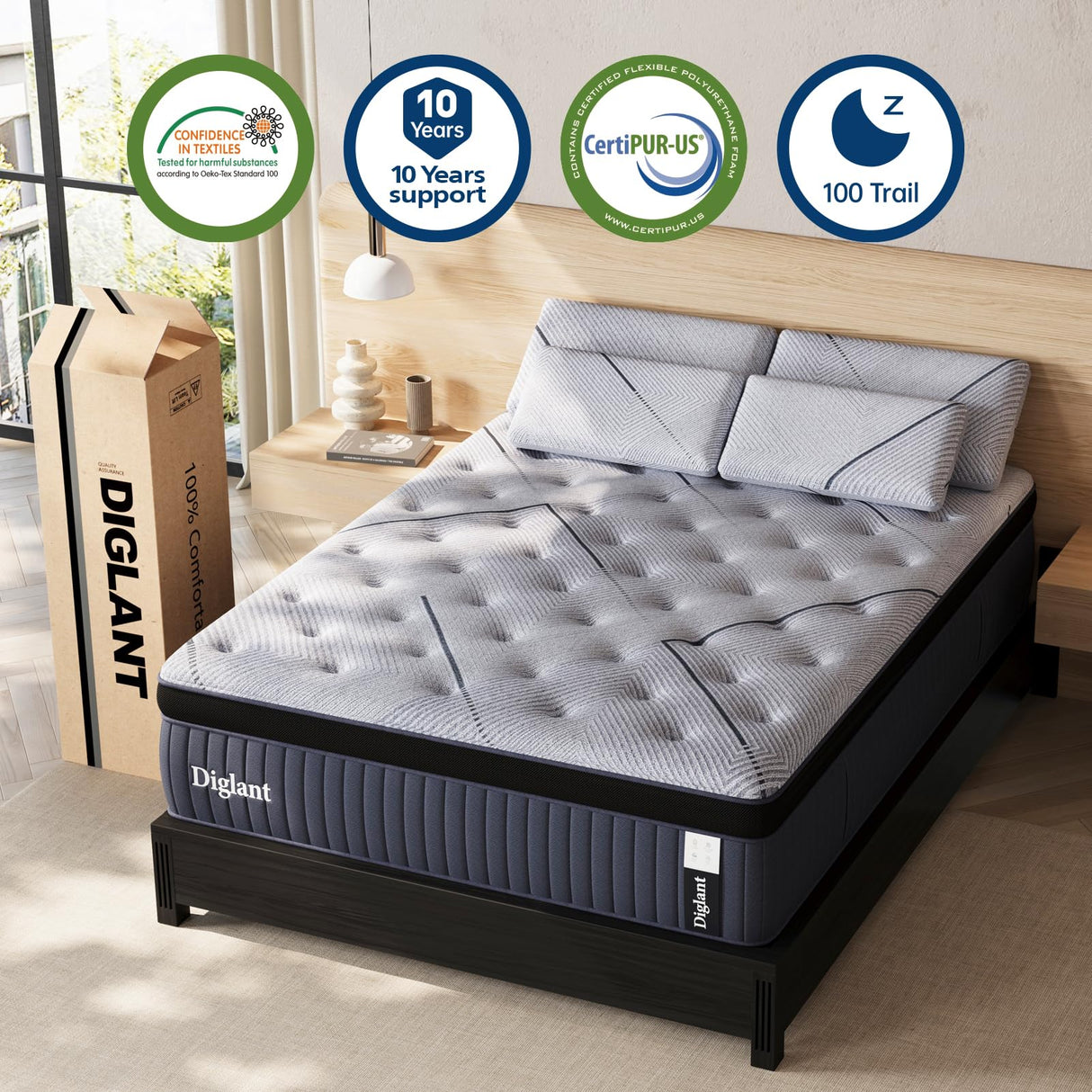 DIGLANT Queen Mattress, 14Inch Medium Queen Hybrid Mattress,Cooling Gel Memory Foam & 7-Zone Individual Pocket Springs, Queen Size Mattress in Box for Supportive & Pressure Relief,60 x 80 DIGLANT