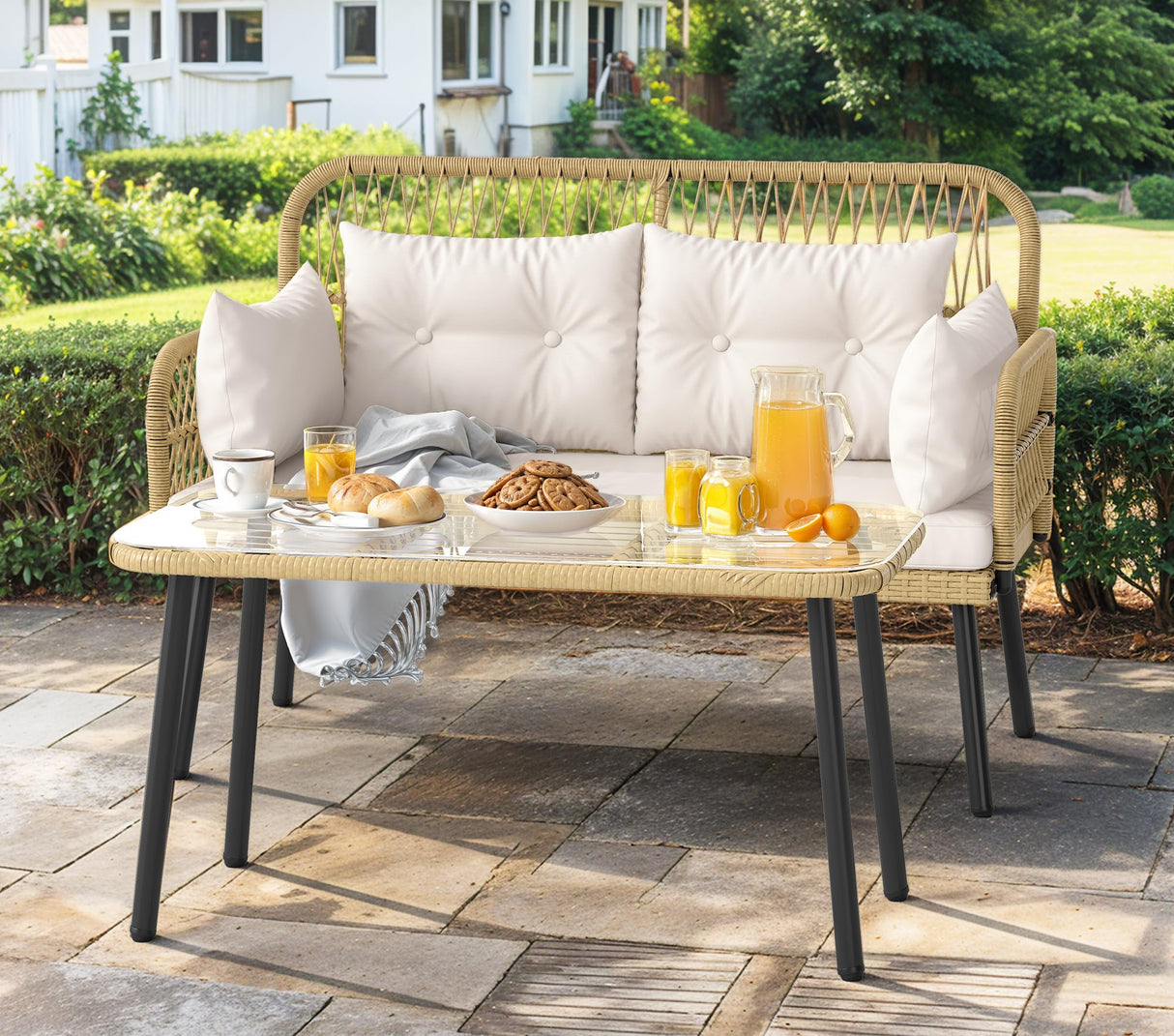 DWVO 2-Seater Outdoor Loveseat Set, All-Weather Wicker Rattan Patio Furniture with Cushions & Tempered Glass Side Table for Backyard, Balcony, Deck, Light Brown + Beige DWVO