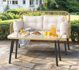 DWVO 2-Seater Outdoor Loveseat Set, All-Weather Wicker Rattan Patio Furniture with Cushions & Tempered Glass Side Table for Backyard, Balcony, Deck, Light Brown + Beige DWVO