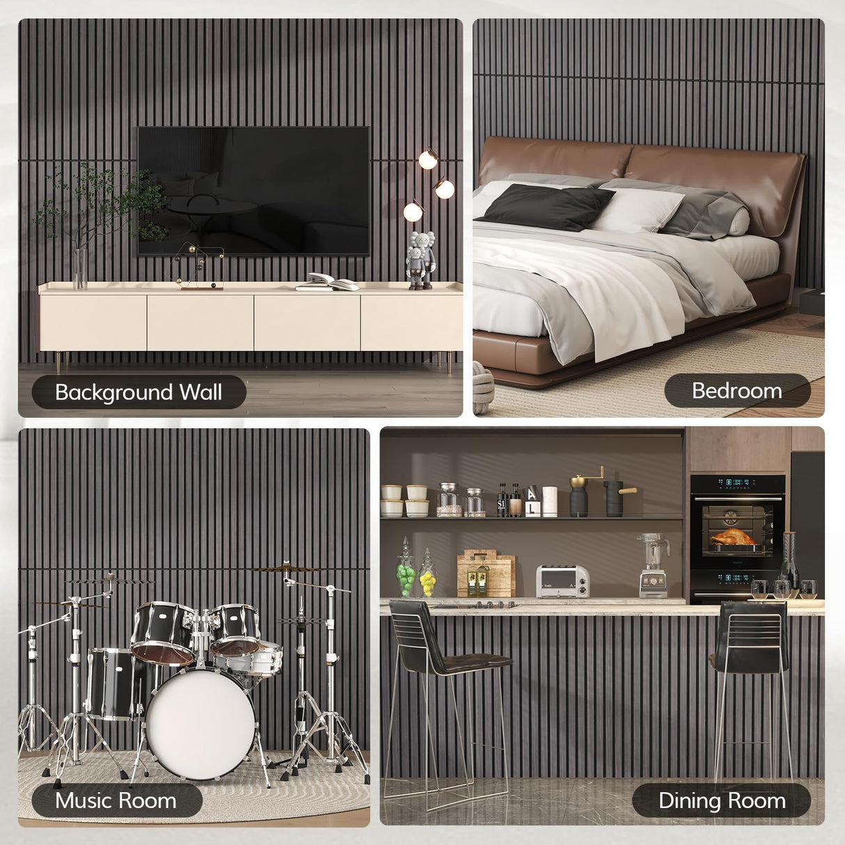 TONOR 2PCS Wood Slat Panels, 48” x 24”Adhesive Acoustic Panels for Wall, Decorative 3D Fluted Panels for Sound Absorbing, Soundproof Panels with Wood Finish for Living Room, Ebony Wood Black TONOR