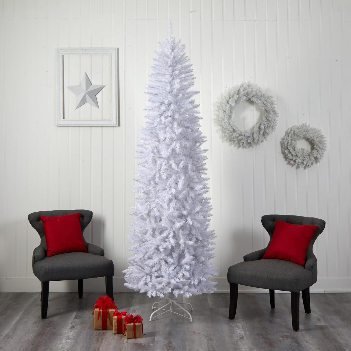 Nearly Natural 8ft. Slim White Artificial Christmas Tree with 1348 Bendable Branches Nearly Natural