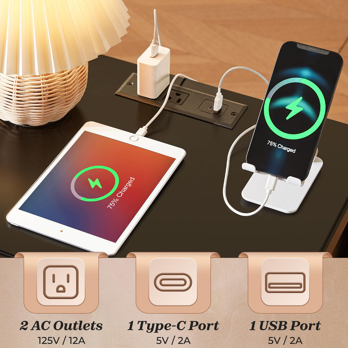 Huuger Black Nightstand Set of 2, Night Stand with Charger Station, Bedside Table with 2 Drawers, Bed Side Tables for Bedroom, Modern Nightstands, Metal Knobs, Painted Surface Huuger