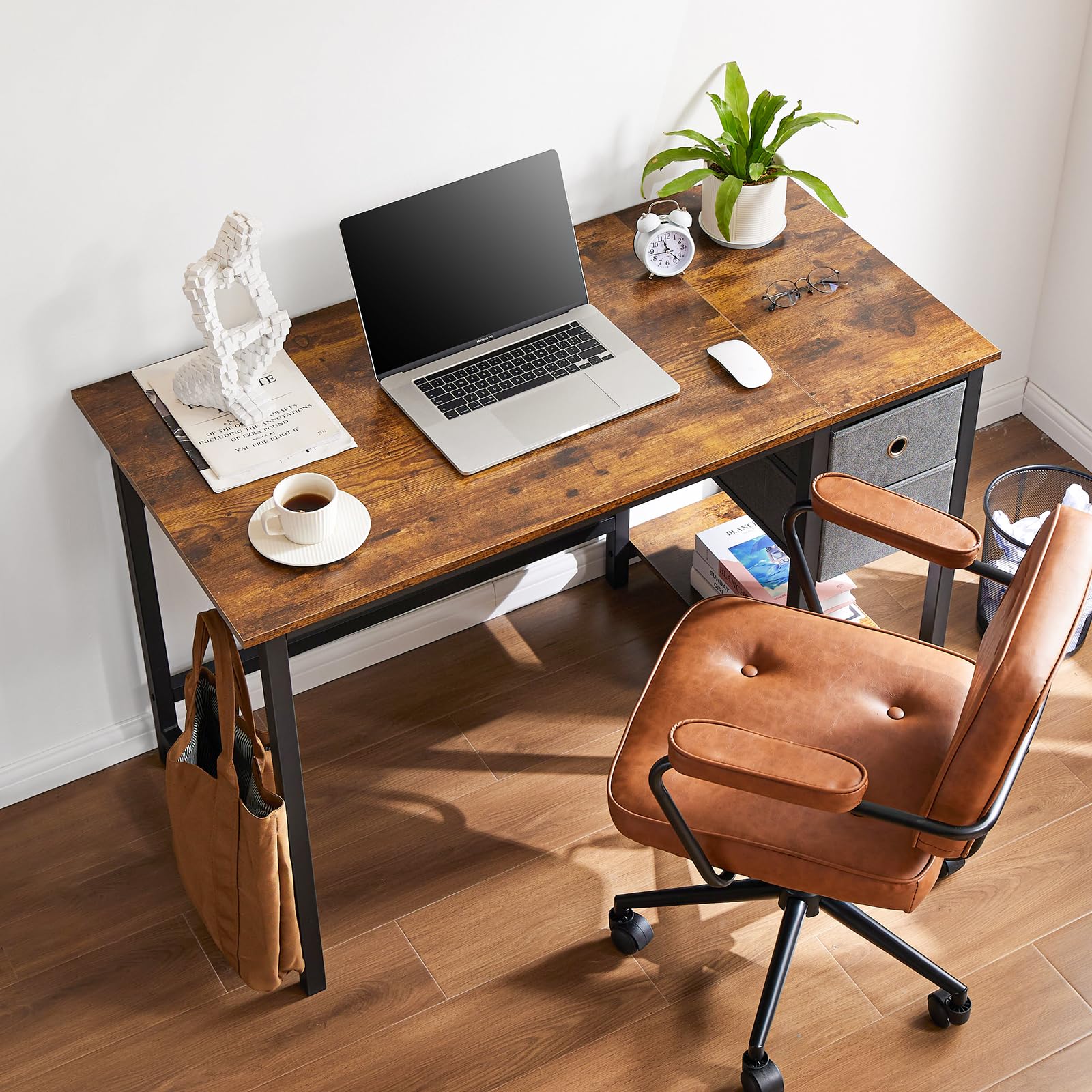 Sweetcrispy Computer Desk with Drawers 48 Inch Office Writing Work Kids Study 2-Tier Wood Corner Table with Storage Drawers Shelf for Bedroom Home Office - Rustic Brown - WoodArtSupply