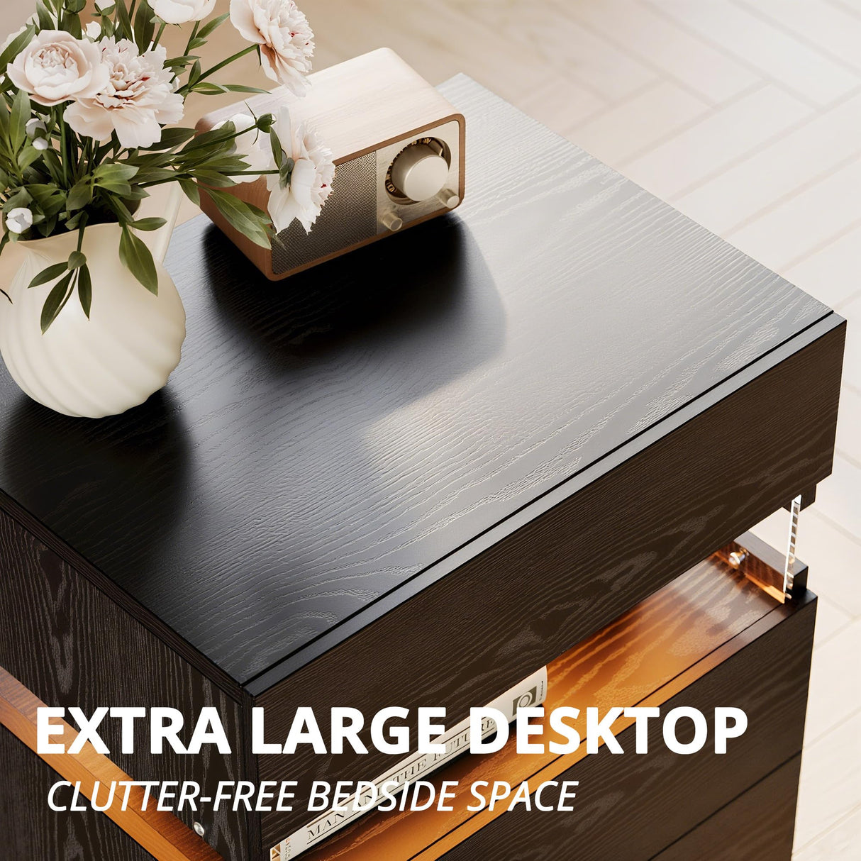 IRONCK Night Stand, LED Nightstand with 3 Drawers, Modern Bedside Table with Storage, End Table for Bedroom, Black IRONCK