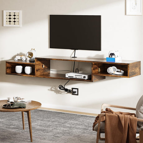 4 EVER WINNER Floating TV Shelf with LED Lights and Power Outlet, 59" TV Stand for Cable Box Audio Video, Floating Entertainment Center for Living Room, Bedroom, Rustic Brown 4 EVER WINNER